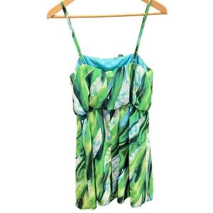 Tropical Leaf Ruffle Mini Dress Adjustable women Large resort wear tropical Y2K